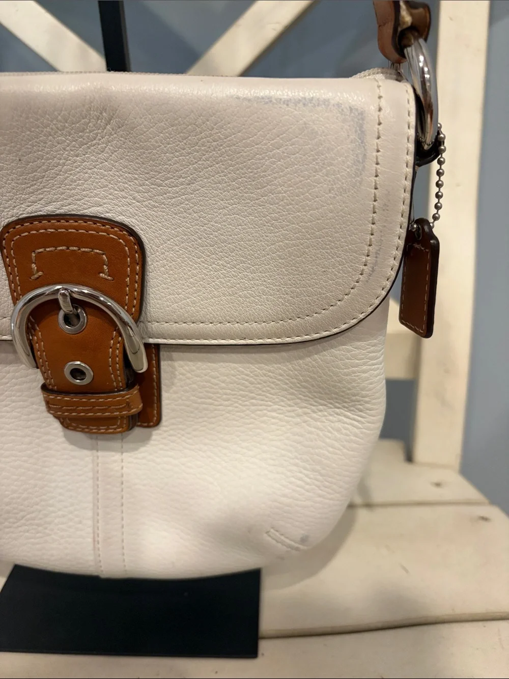 Coach SoHo Leather Crossbody Bag in Cream with Brown Trim